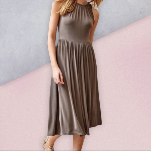 Boden Tie Neck Sleeveless Midi Dress, Size 6, Brown Taupe - Picture 1 of 9